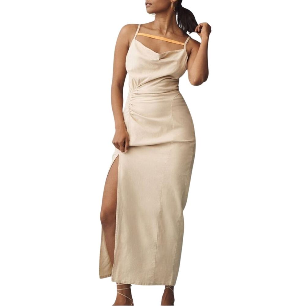 Anthropologie Ruched Tan Slim Midi Dress NWT XL